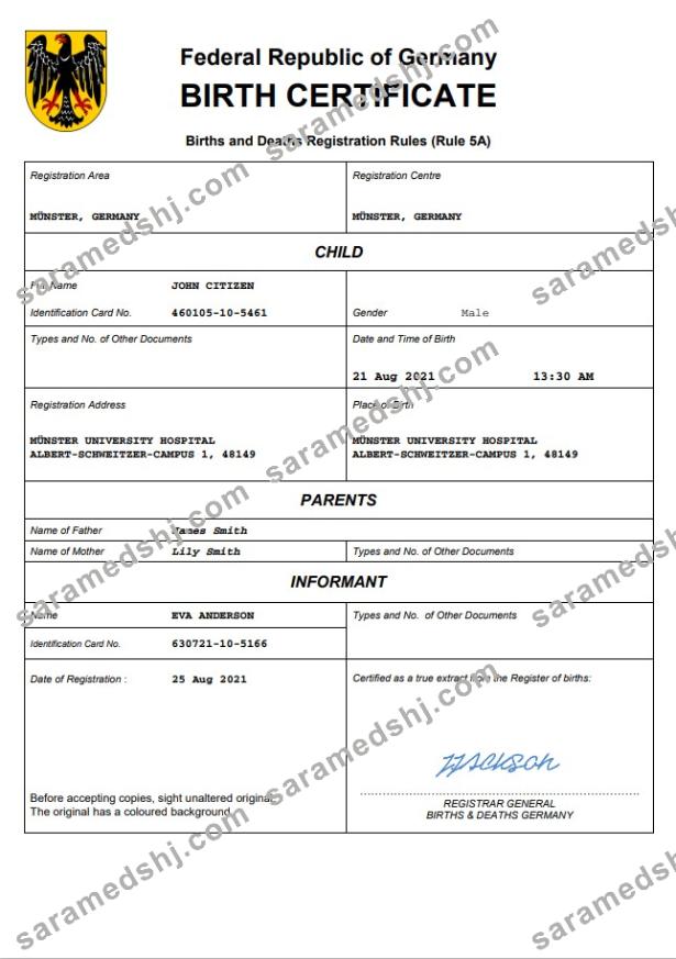 Germany birth certificate Word and PDF template